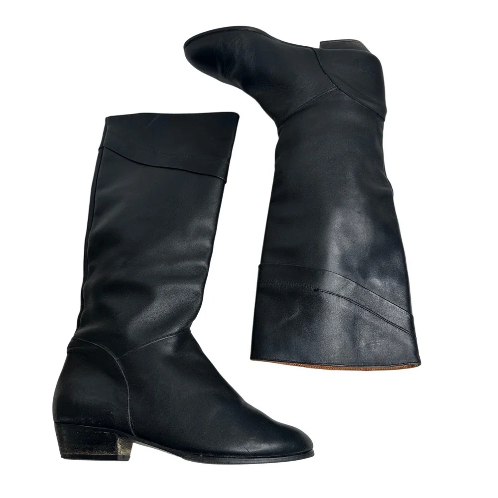 Black Leather Knee High Boots Women Made in Spain Size 8‎ Boho Western Chic